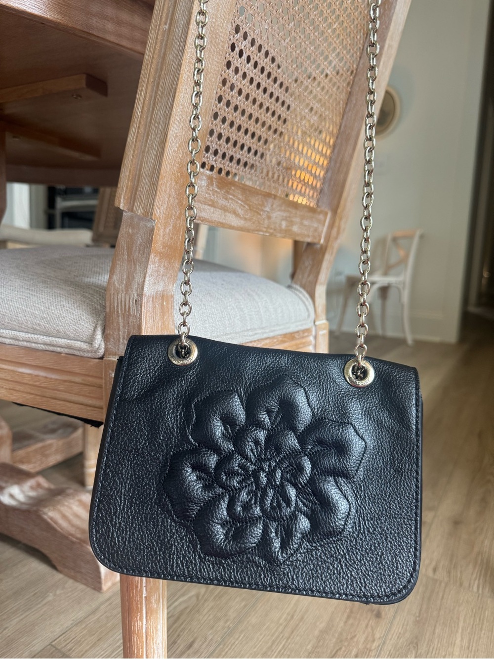 Authentic Anne Fontaine Black Pebbled Leather Camellia Flower Chain Flap Bag